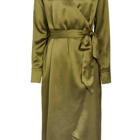 Never Fully Dressed Olive Green / Khaki Satin Wrap Dress - Size 8, Khaki - Picture 6 of 7